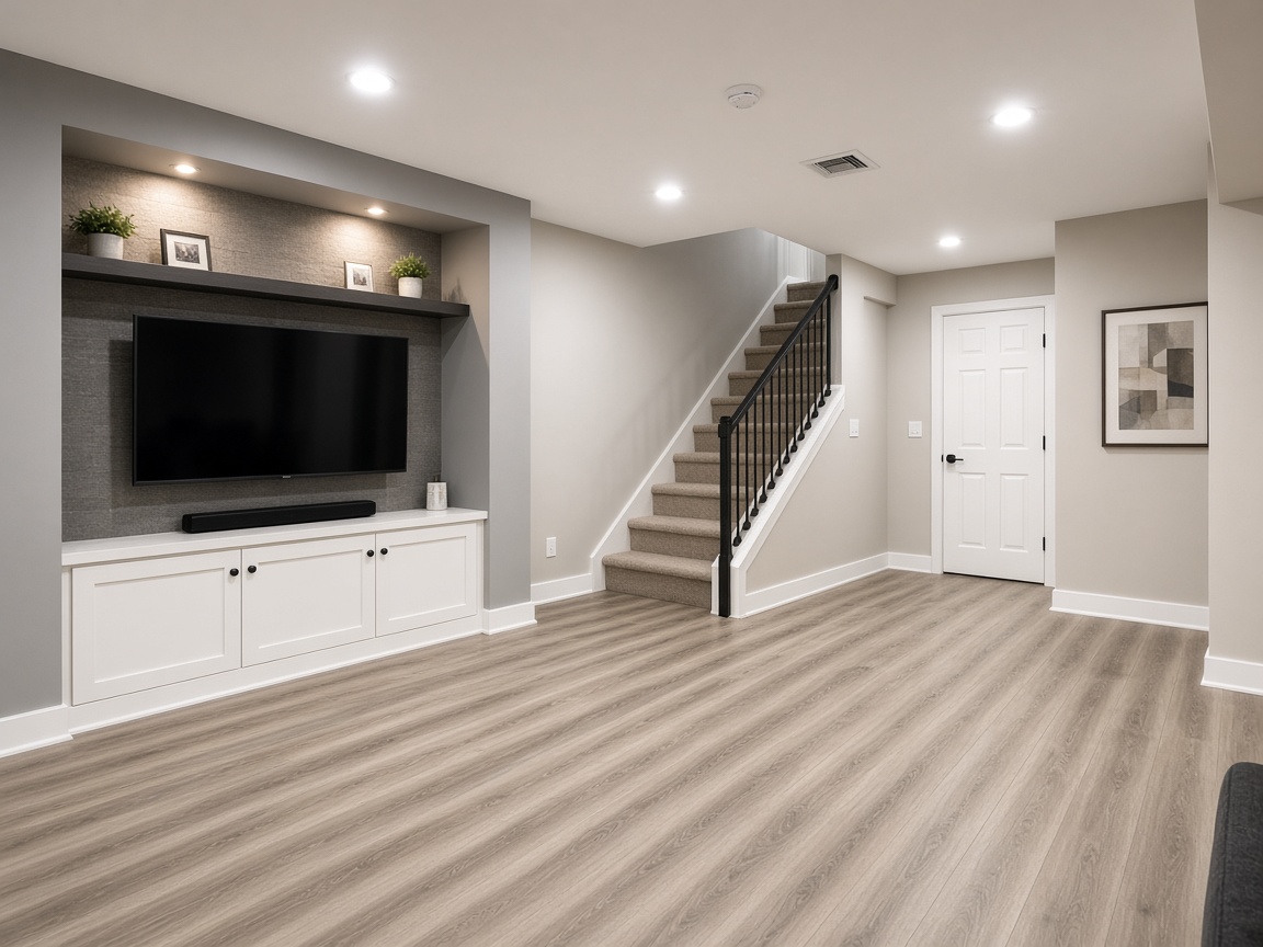 After: same basement style space fully dried and restored with clean flooring
