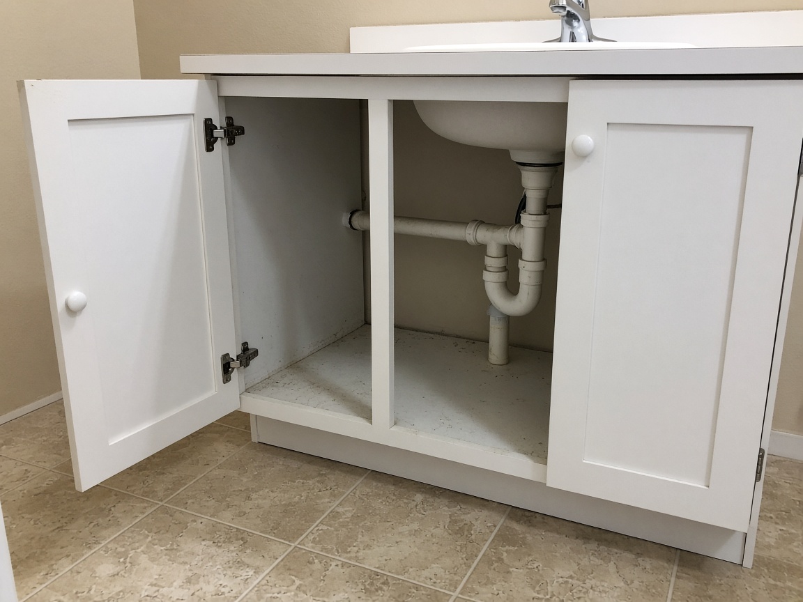 After: same bathroom vanity dried and repaired after leak cleanup