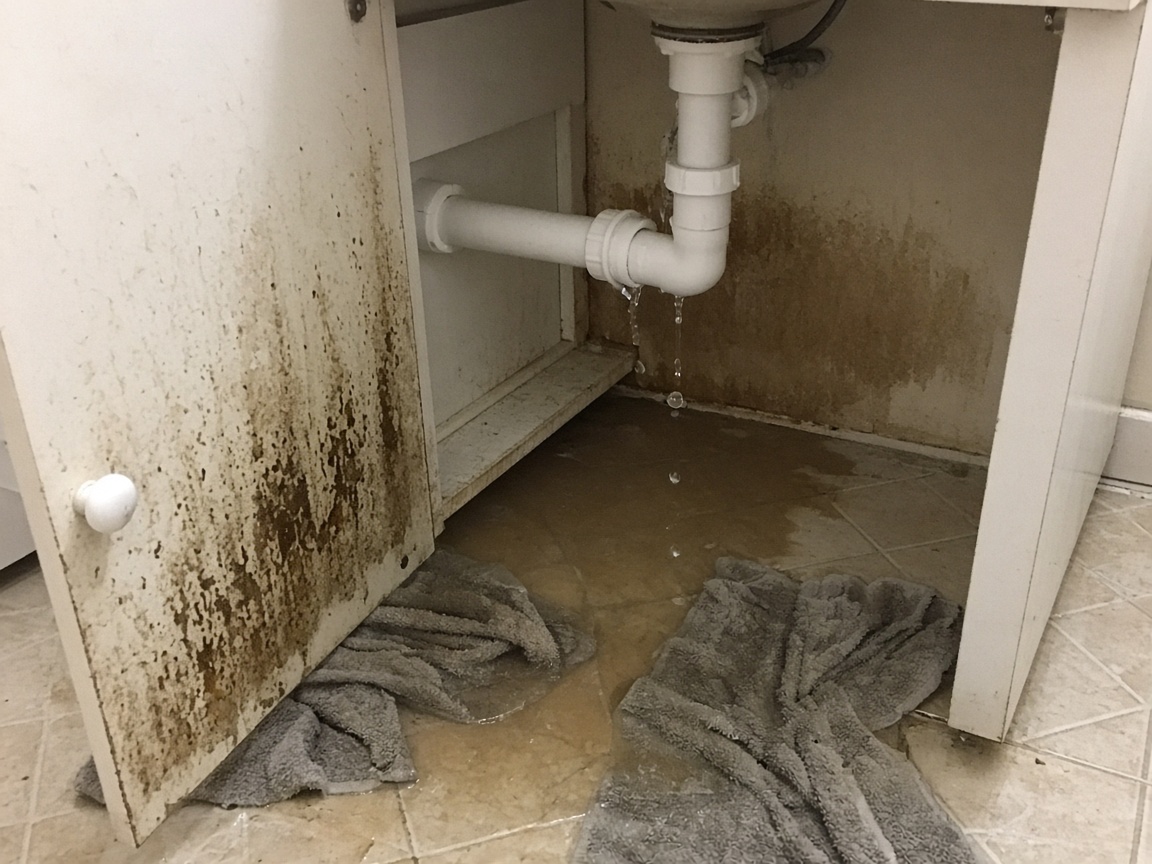 Before: bathroom vanity with active pipe leak, standing water and water-stained cabinet