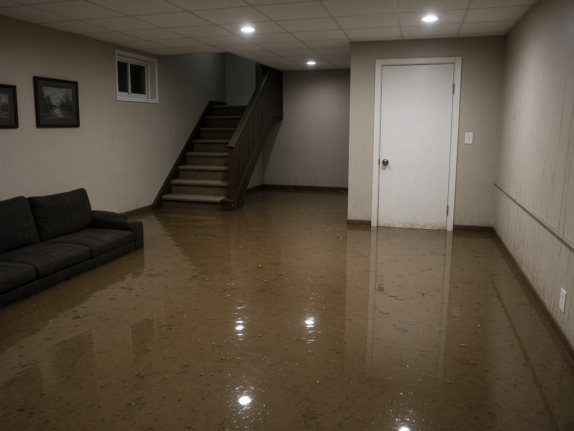 Before: flooded basement with standing water covering the floor and stairs