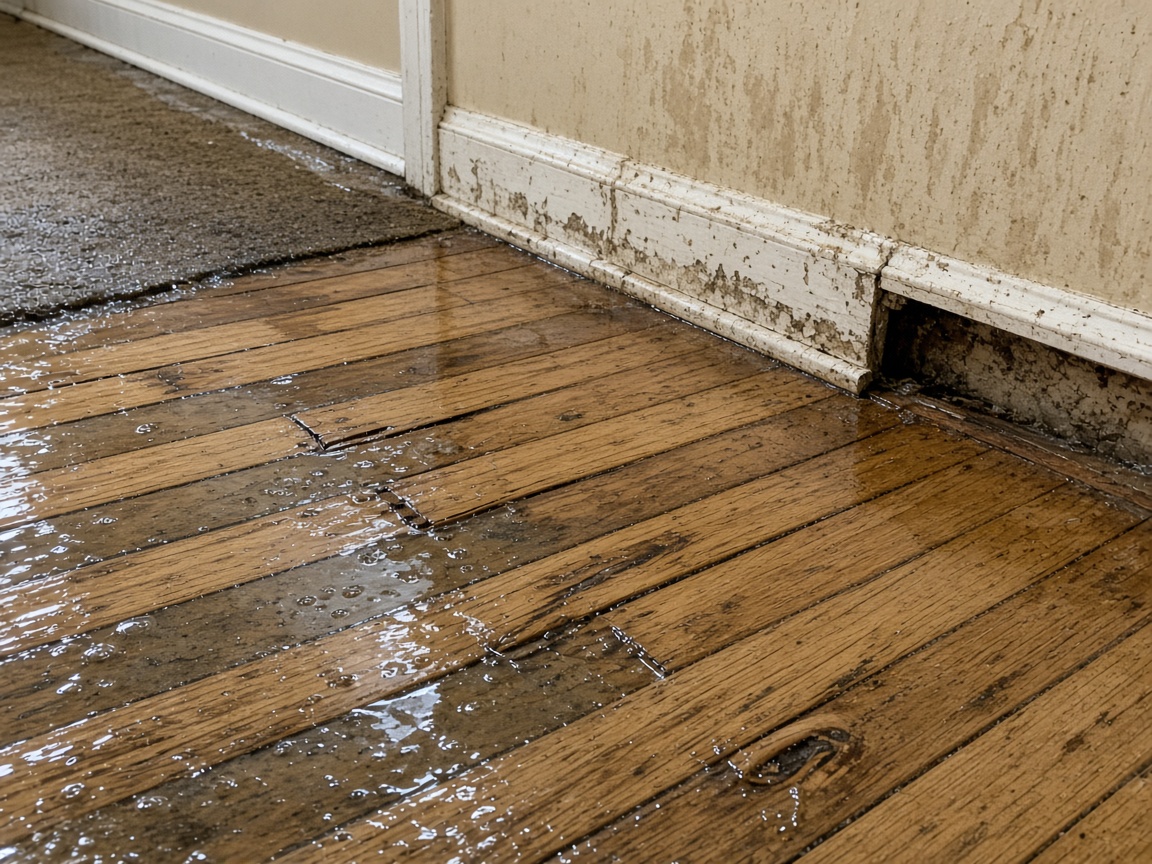 Before: standing water on warped hardwood flooring with stained baseboards