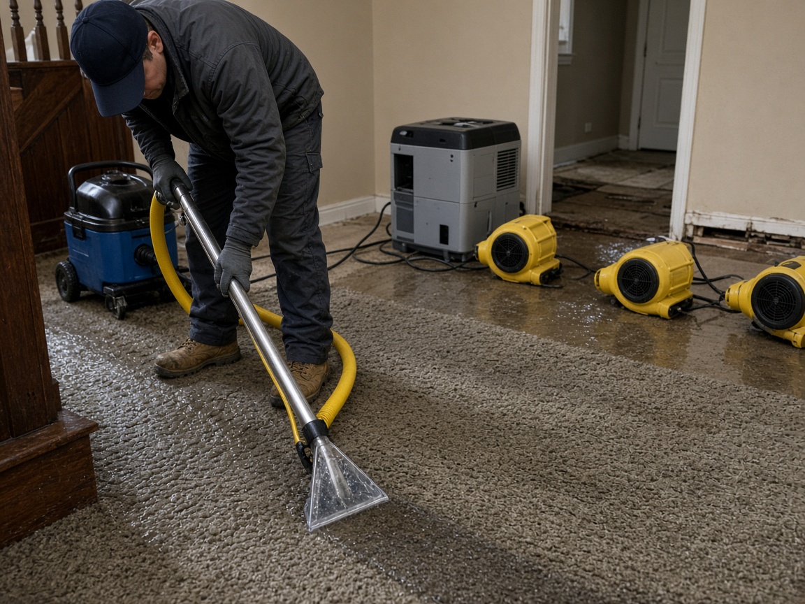 Technician performing emergency water extraction after flood damage in a Lamesa TX home