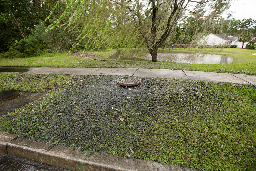 Manhole area with sludge after a storm overflow